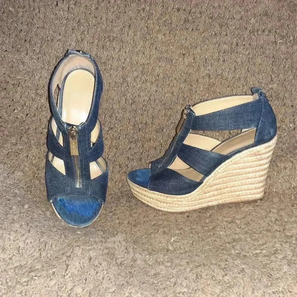 MICHAEL KORS-Berkley-Blue Denim Fabric Wedge-Espadrilles-Sz 5-Excellent - Picture 1 of 7